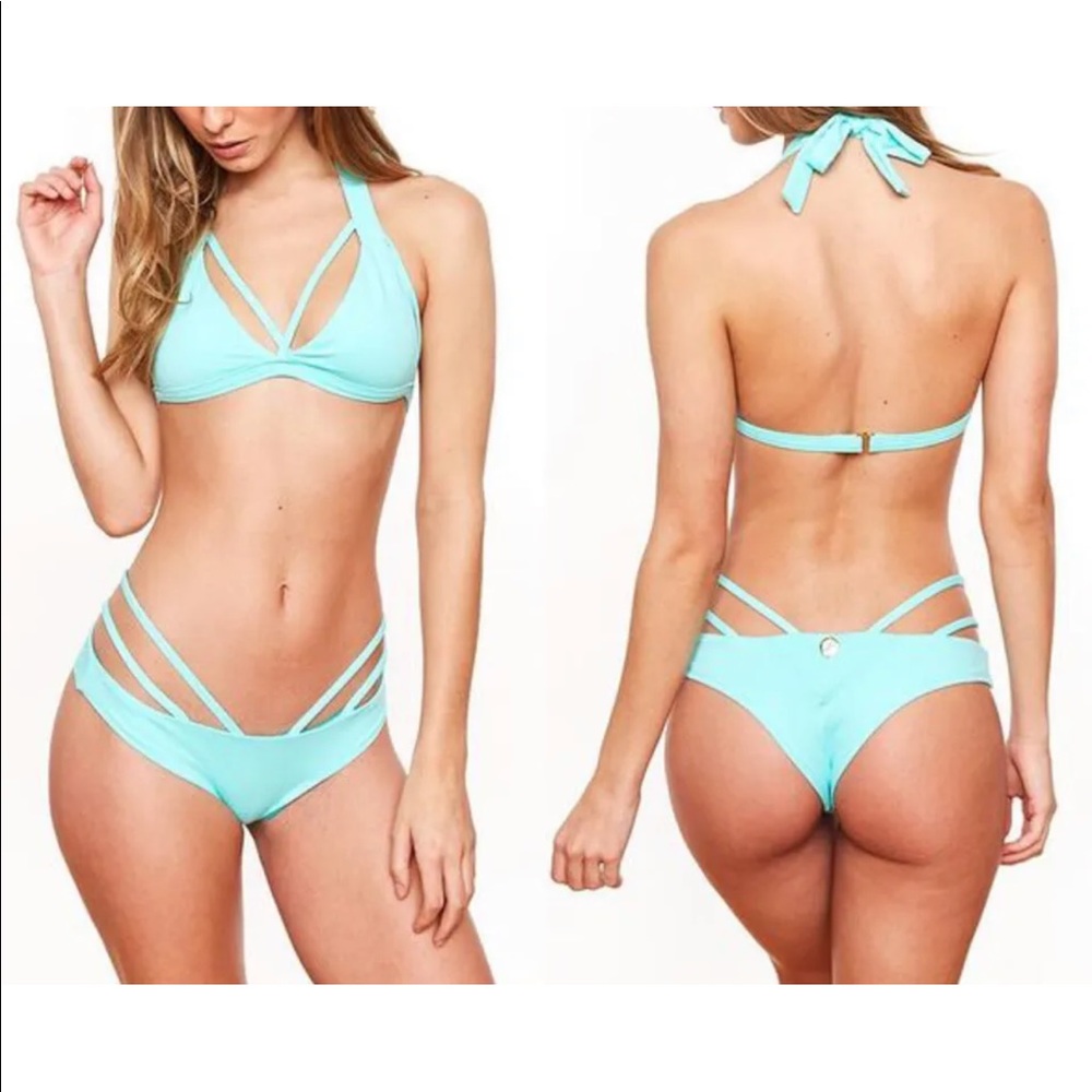 RISE CITY SWIM *Jayde* turquoise strappy halter top and bottom bikini M L